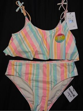 Hurley Pastel Striped Ruffle Tankini - Pink, Yellow, Blue, Green